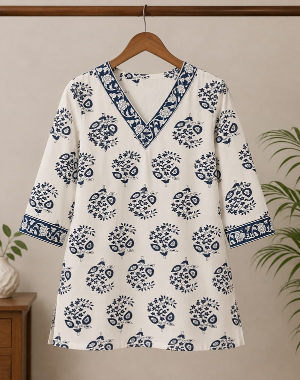 Ivory Blue Floral Printed Short Kurti