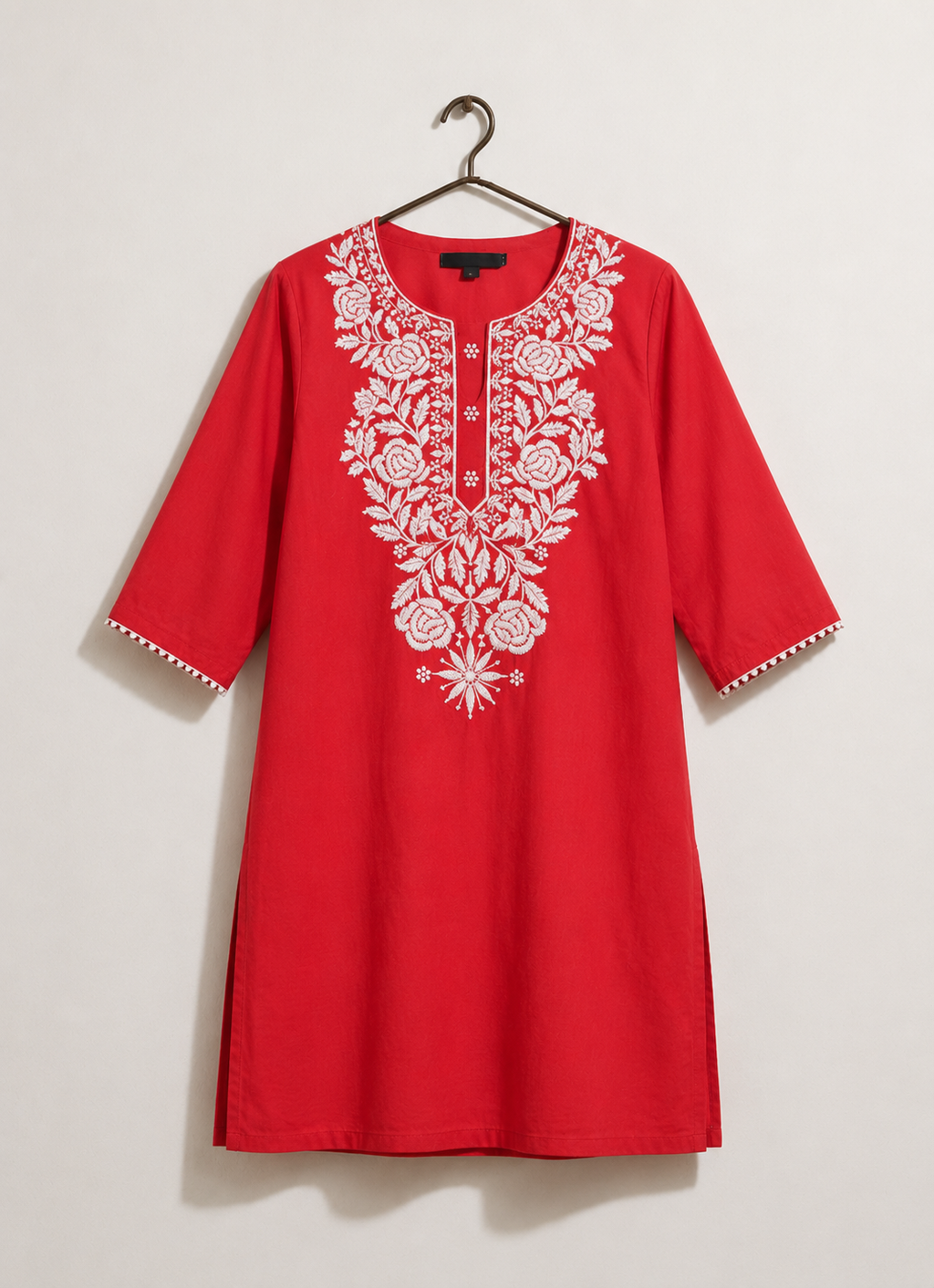 Women's Red Embroidered Cotton Kurti | Elegant White Floral Embroidery | Straight Fit | 3/4 Sleeves | Office, Casual & Festive Wear
