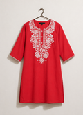 Women's Red Embroidered Cotton Kurti | Elegant White Floral Embroidery | Straight Fit | 3/4 Sleeves | Office, Casual & Festive Wear
