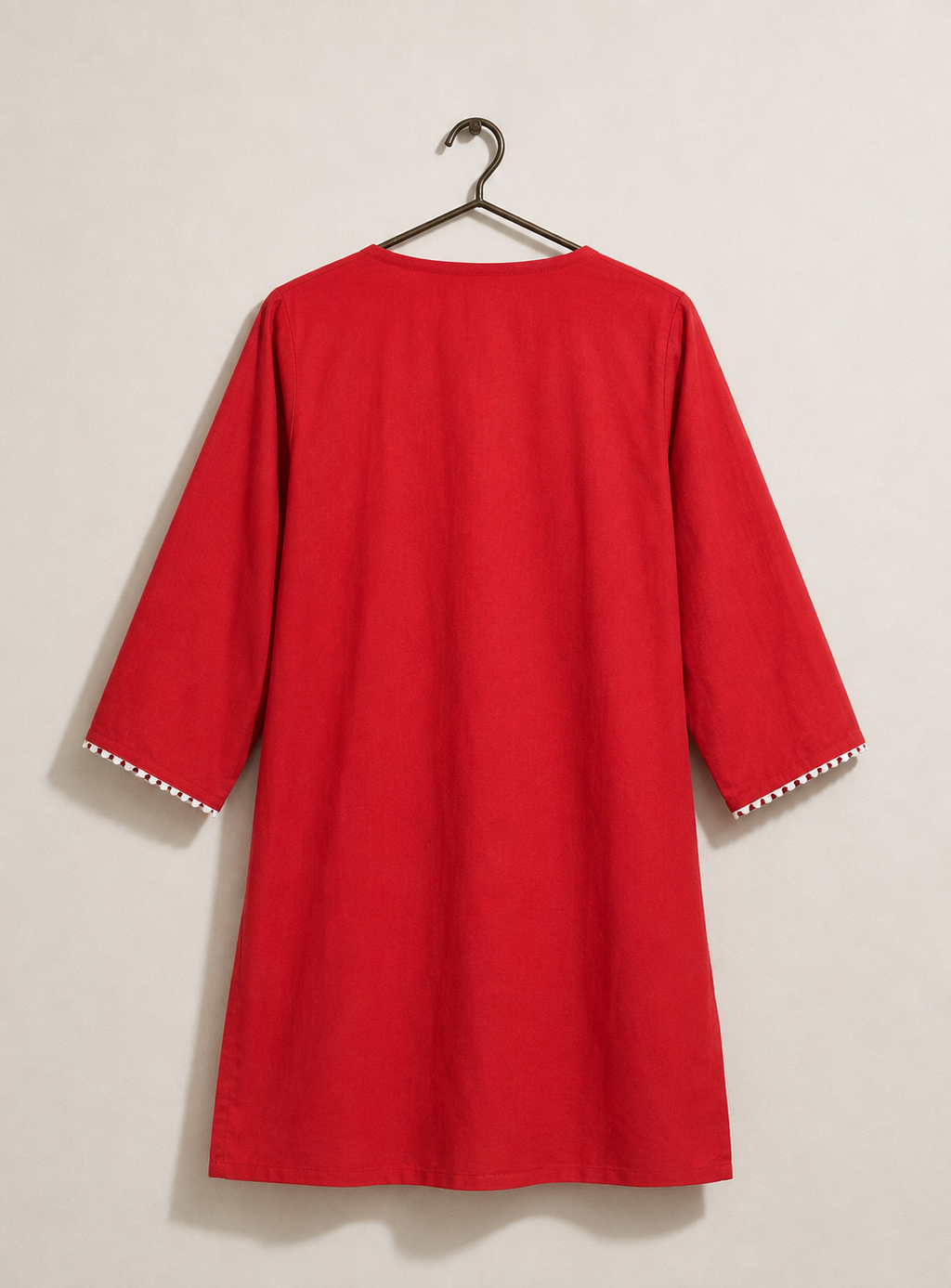 Women's Red Embroidered Cotton Kurti | Elegant White Floral Embroidery | Straight Fit | 3/4 Sleeves | Office, Casual & Festive Wear