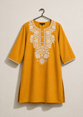 Mustard Yellow Embroidered Cotton Kurti for Women | Elegant White Floral Embroidery | Straight Fit | 3/4 Sleeves | Ethnic & Casual Wear