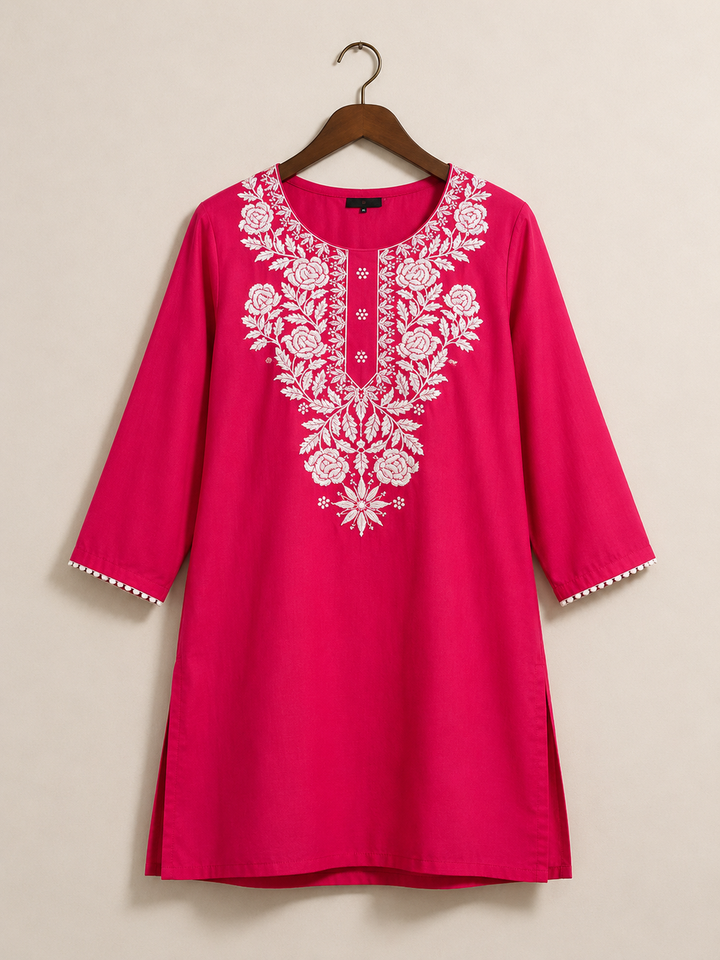 Women's Pink Embroidered Cotton Kurti | Elegant White Floral Embroidery | Straight Fit | 3/4 Sleeves | Office, Casual & Festive Wear