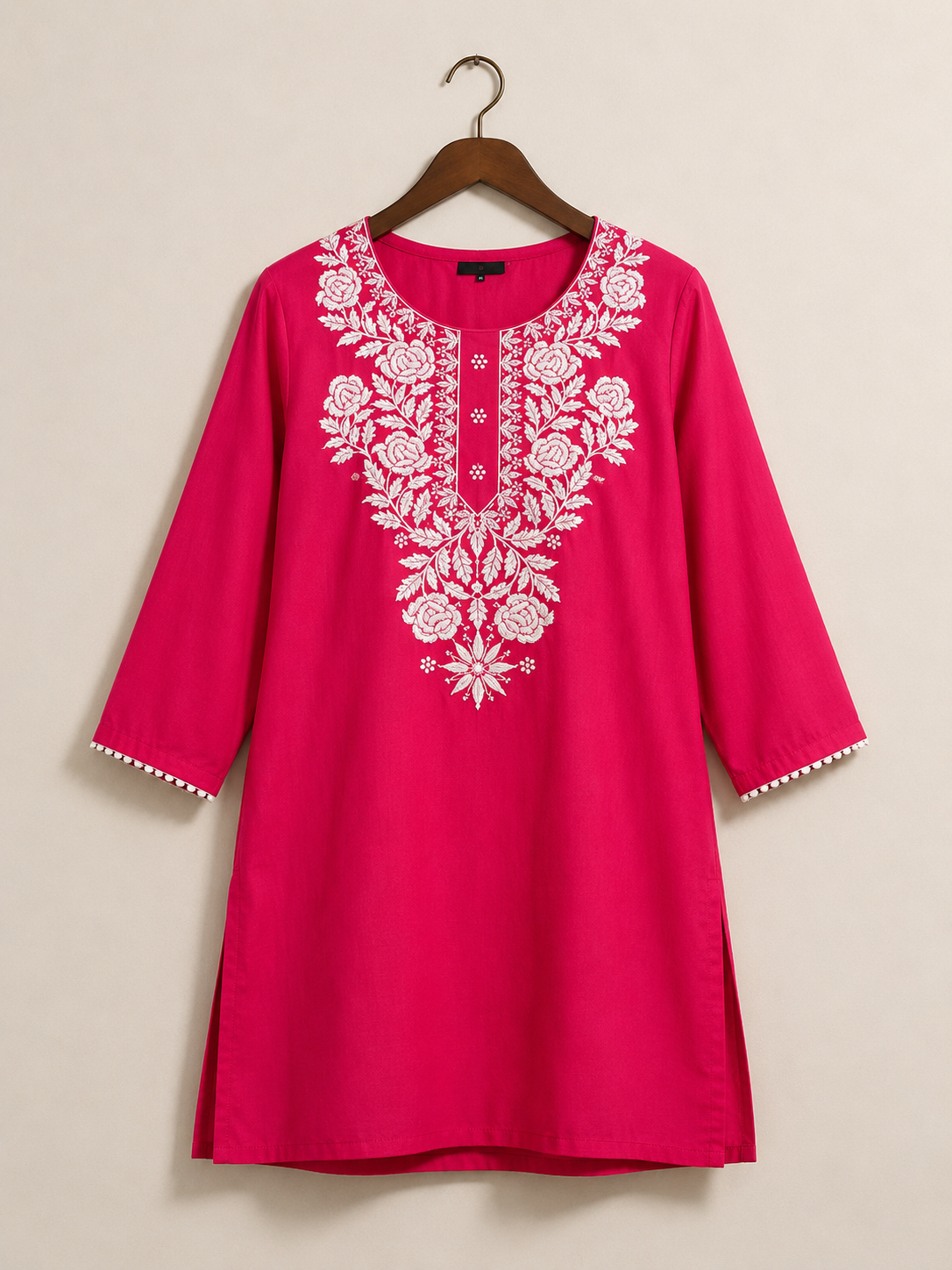 Women's Pink Embroidered Cotton Kurti | Elegant White Floral Embroidery | Straight Fit | 3/4 Sleeves | Office, Casual & Festive Wear