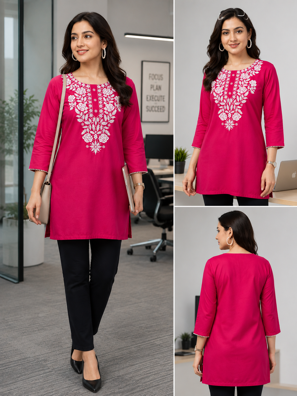 Women's Pink Embroidered Cotton Kurti | Elegant White Floral Embroidery | Straight Fit | 3/4 Sleeves | Office, Casual & Festive Wear