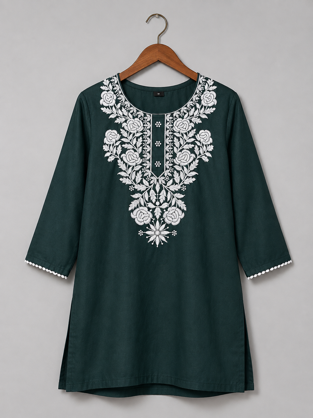 Women's Dark Green Embroidered Cotton Kurti | Elegant White Floral Embroidery | Straight Fit | 3/4 Sleeves | Office, Casual & Festive Wear
