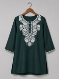 Women's Dark Green Embroidered Cotton Kurti | Elegant White Floral Embroidery | Straight Fit | 3/4 Sleeves | Office, Casual & Festive Wear