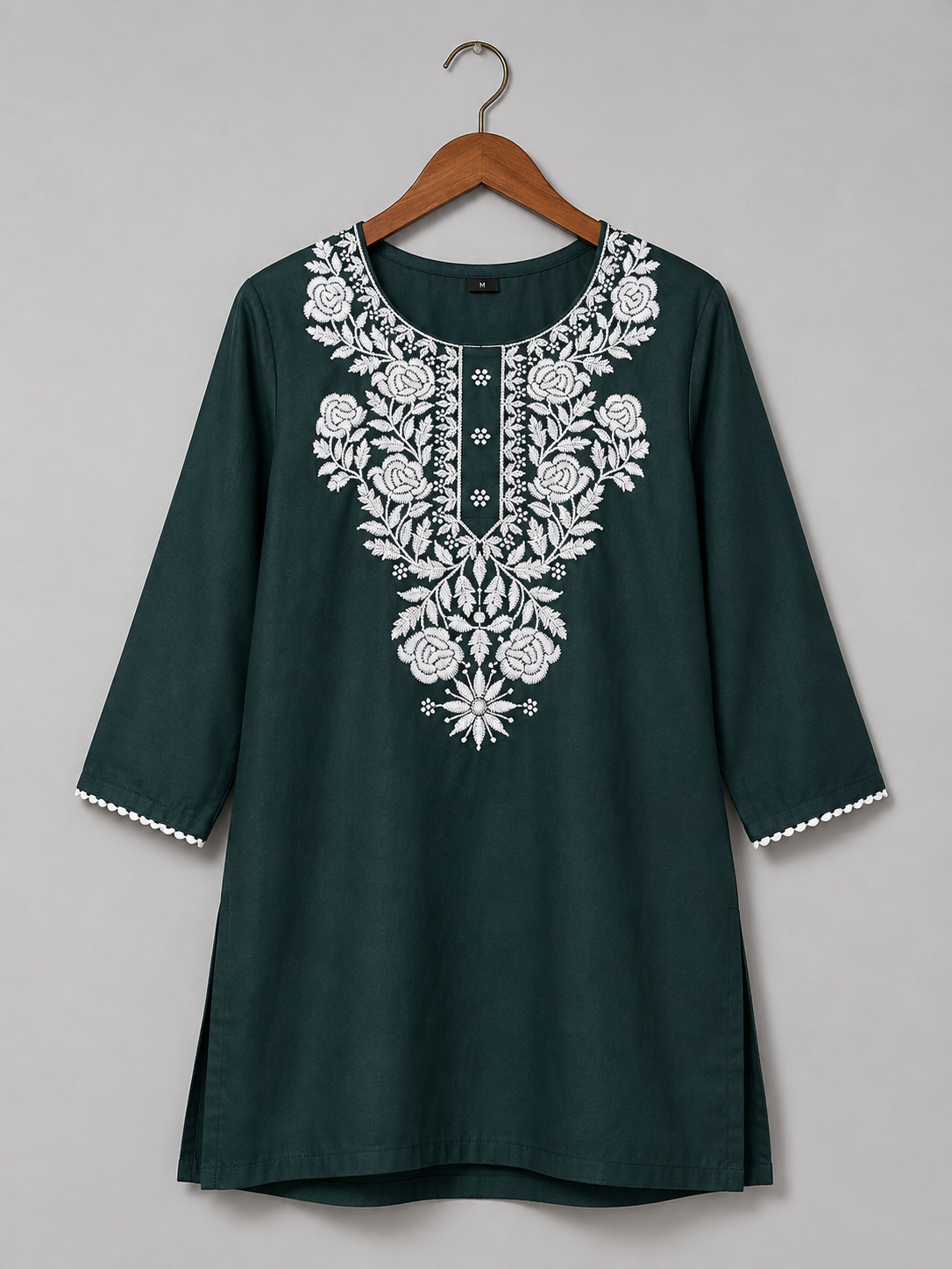 Women's Dark Green Embroidered Cotton Kurti | Elegant White Floral Embroidery | Straight Fit | 3/4 Sleeves | Office, Casual & Festive Wear