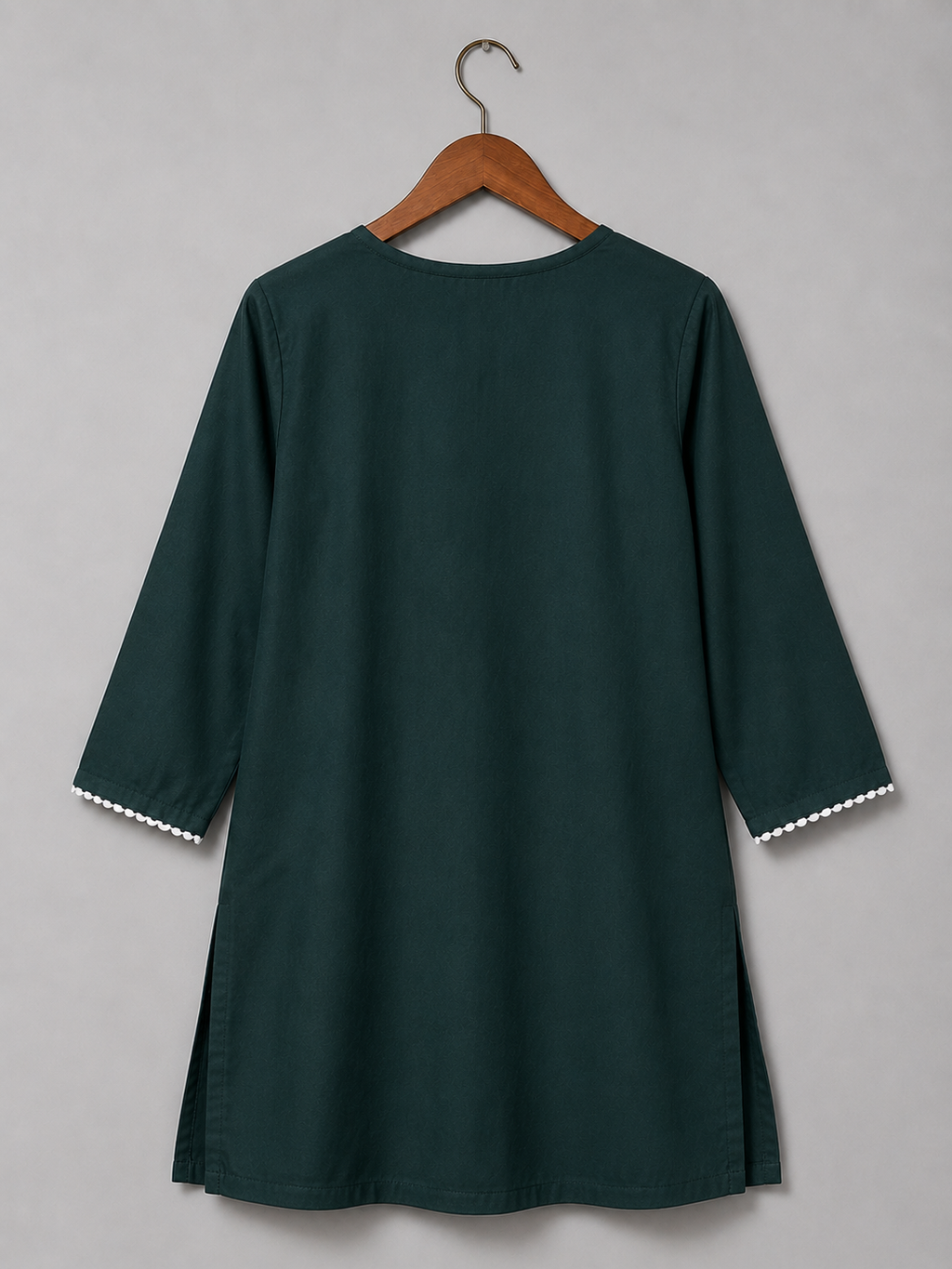 Women's Dark Green Embroidered Cotton Kurti | Elegant White Floral Embroidery | Straight Fit | 3/4 Sleeves | Office, Casual & Festive Wear