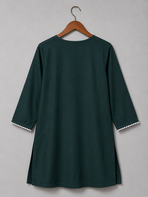 Women's Dark Green Embroidered Cotton Kurti | Elegant White Floral Embroidery | Straight Fit | 3/4 Sleeves | Office, Casual & Festive Wear