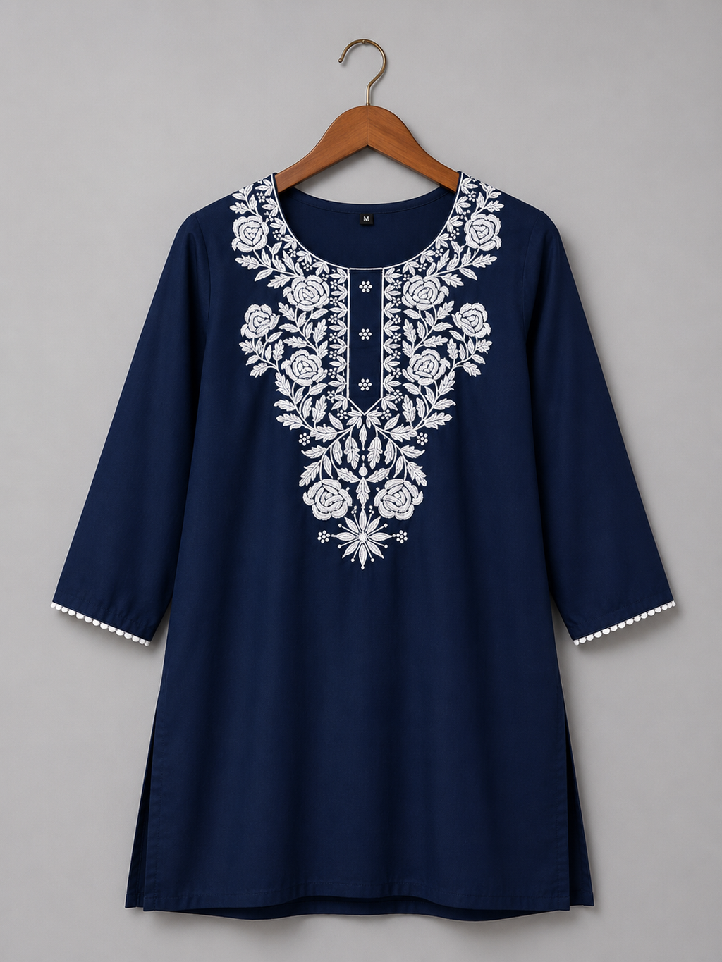 Women's Navy Blue Embroidered Cotton Kurti | Elegant White Floral Embroidery | Straight Fit | 3/4 Sleeves | Office, Casual & Festive Wear