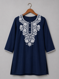 Women's Navy Blue Embroidered Cotton Kurti | Elegant White Floral Embroidery | Straight Fit | 3/4 Sleeves | Office, Casual & Festive Wear