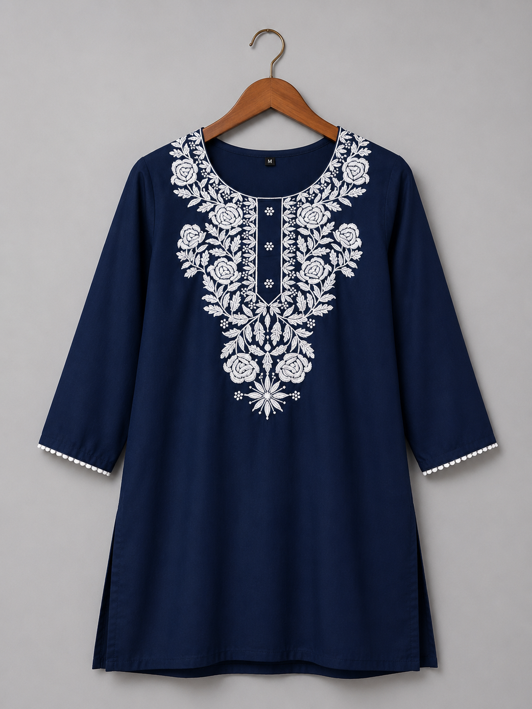 Women's Navy Blue Embroidered Cotton Kurti | Elegant White Floral Embroidery | Straight Fit | 3/4 Sleeves | Office, Casual & Festive Wear