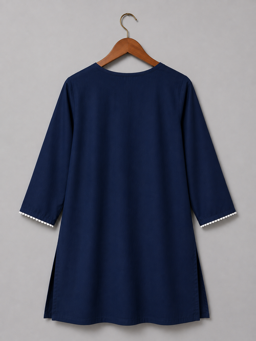 Women's Navy Blue Embroidered Cotton Kurti | Elegant White Floral Embroidery | Straight Fit | 3/4 Sleeves | Office, Casual & Festive Wear