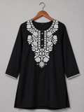 Women's Black Embroidered Cotton Kurti | Elegant White Floral Embroidery | Straight Fit | 3/4 Sleeves | Office, Casual & Festive Wear