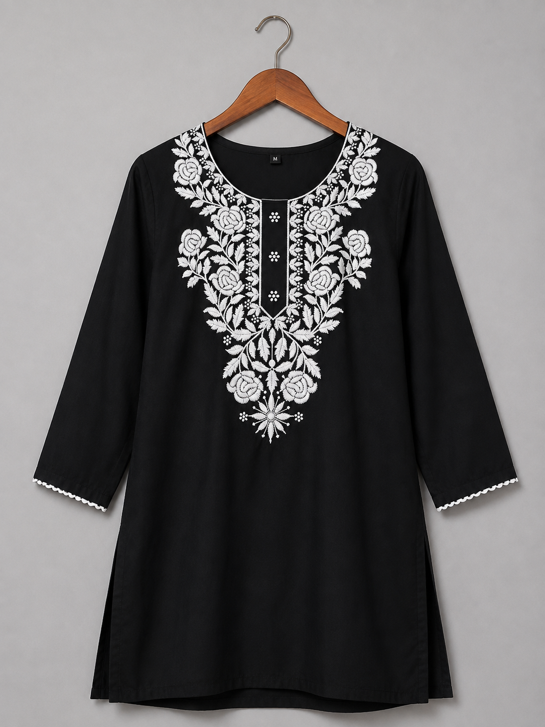 Women's Black Embroidered Cotton Kurti | Elegant White Floral Embroidery | Straight Fit | 3/4 Sleeves | Office, Casual & Festive Wear