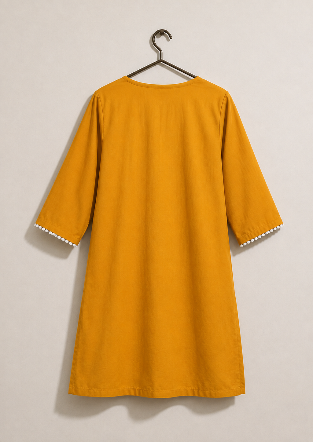 Mustard Yellow Embroidered Cotton Kurti for Women | Elegant White Floral Embroidery | Straight Fit | 3/4 Sleeves | Ethnic & Casual Wear