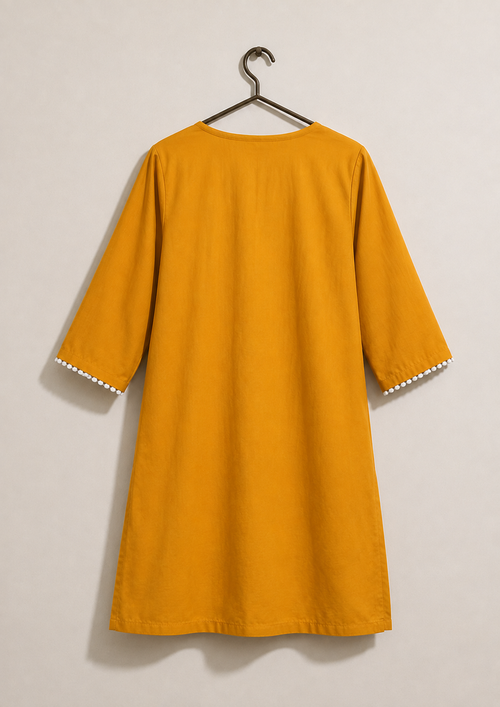 Mustard Yellow Embroidered Cotton Kurti for Women | Elegant White Floral Embroidery | Straight Fit | 3/4 Sleeves | Ethnic & Casual Wear