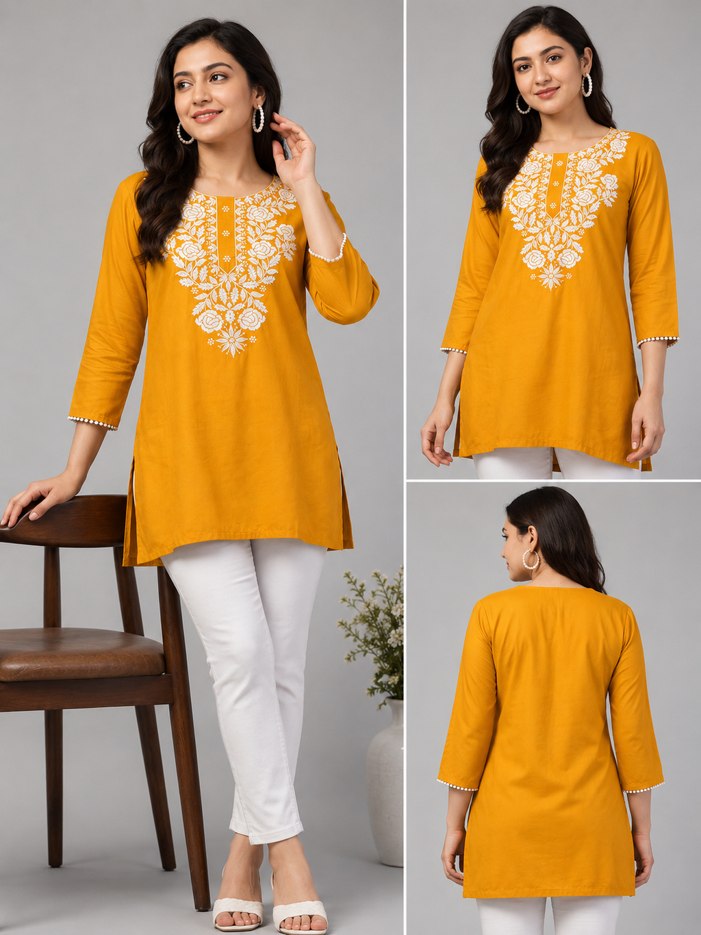 Mustard Yellow Embroidered Cotton Kurti for Women | Elegant White Floral Embroidery | Straight Fit | 3/4 Sleeves | Ethnic & Casual Wear
