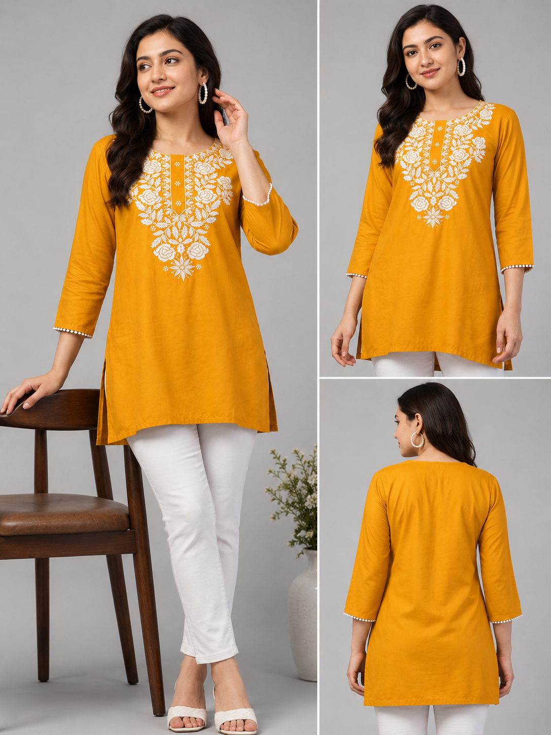 Mustard Yellow Embroidered Cotton Kurti for Women | Elegant White Floral Embroidery | Straight Fit | 3/4 Sleeves | Ethnic & Casual Wear