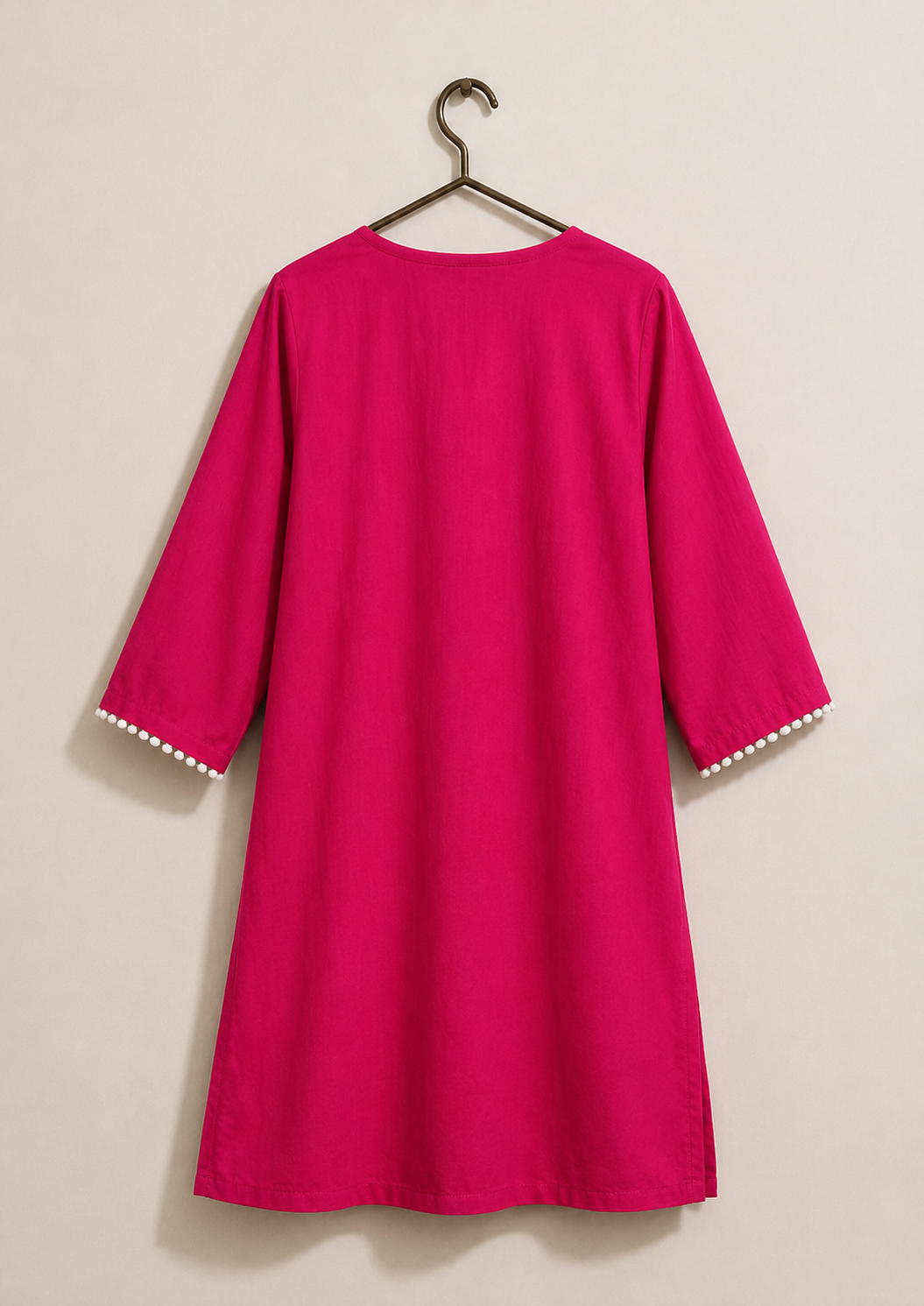 Women's Pink Embroidered Cotton Kurti | Elegant White Floral Embroidery | Straight Fit | 3/4 Sleeves | Office, Casual & Festive Wear
