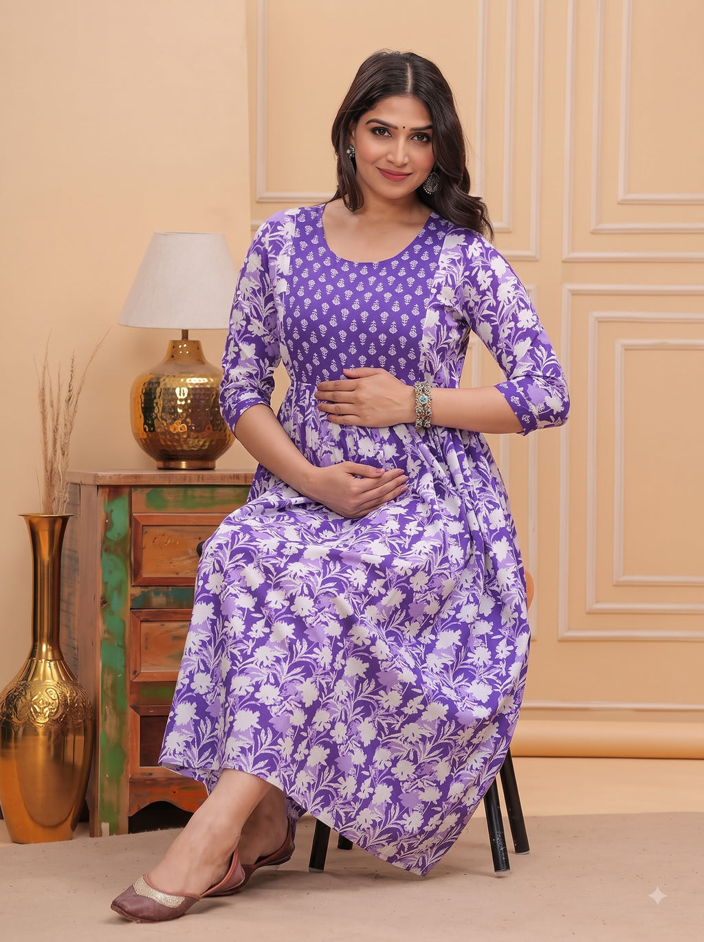🌸 KURTI ROOM – Floral Comfort Maternity & Feeding Dress