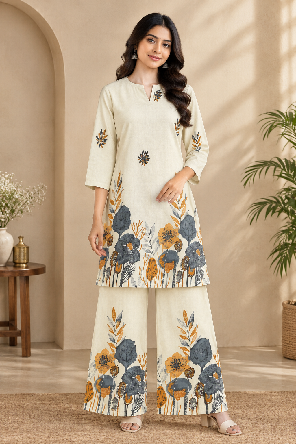 Autumn Bloom Floral Kurta Palazzo Set